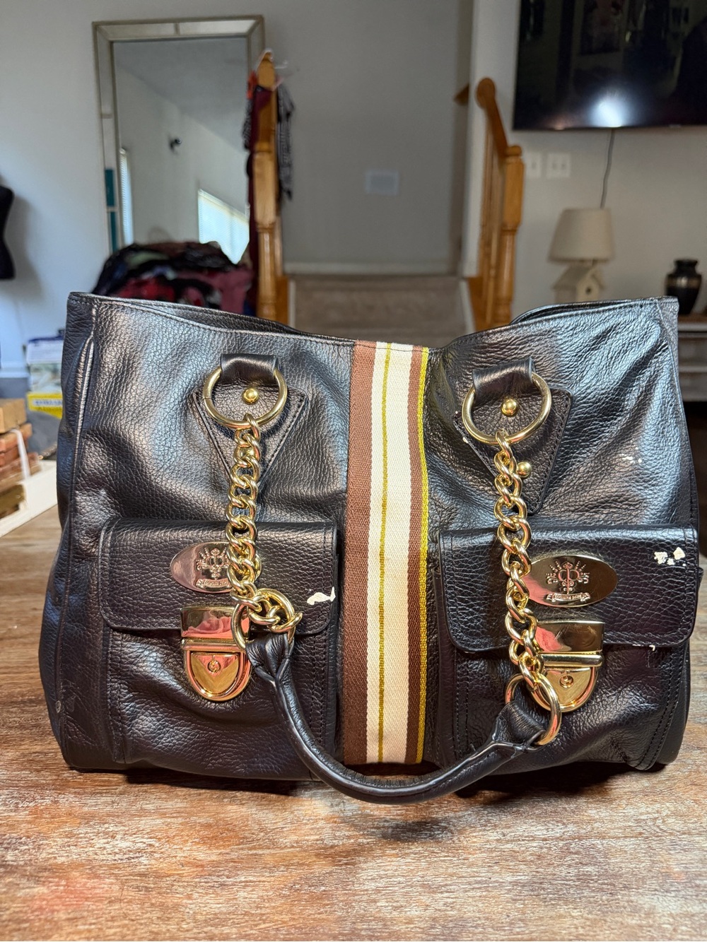 Christine Price Brown Faux Leather Tote Handbag Gold Chain Stripe Shoulder Purse